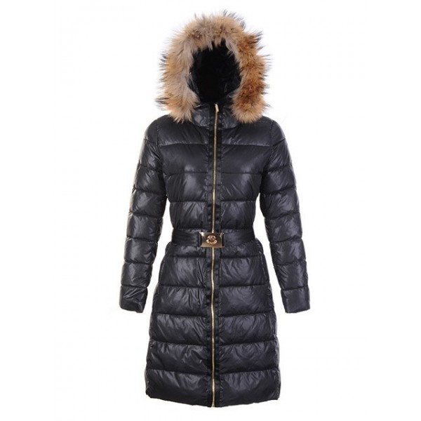 Moncler Nero Fur Cap cinturino e Zipper caldo Cappotti uscita